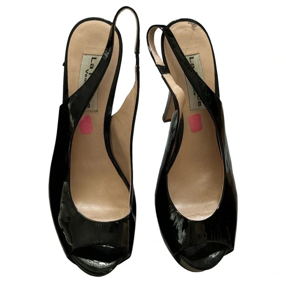 La Fenice Venezia black patent leather platform open‎ toe sling back heels Sz 9